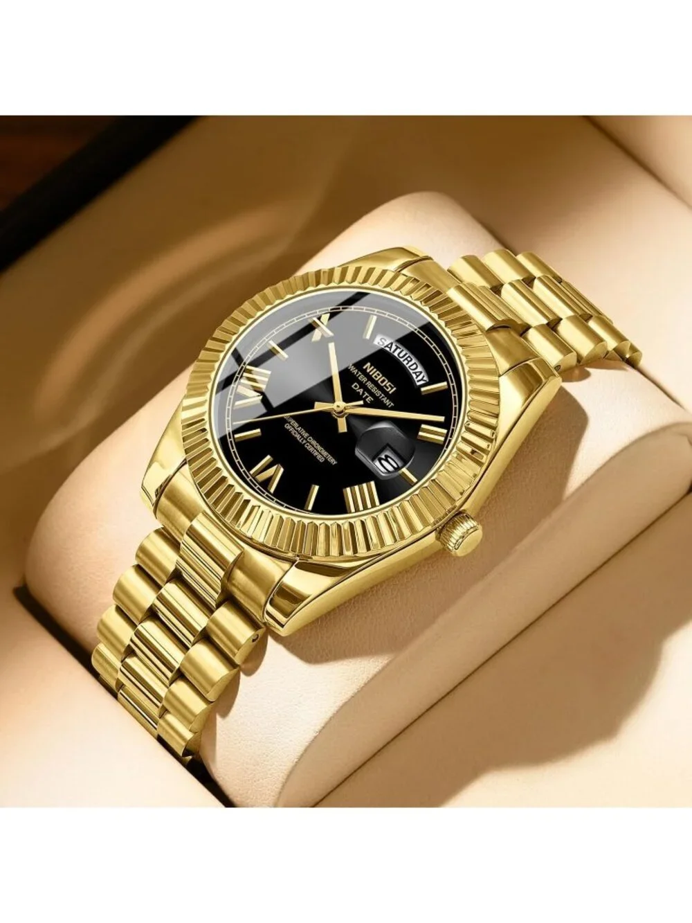Nibosi Men's Gold Black Analog Quartz Stainless Waterproof Desiger Wrist Watch